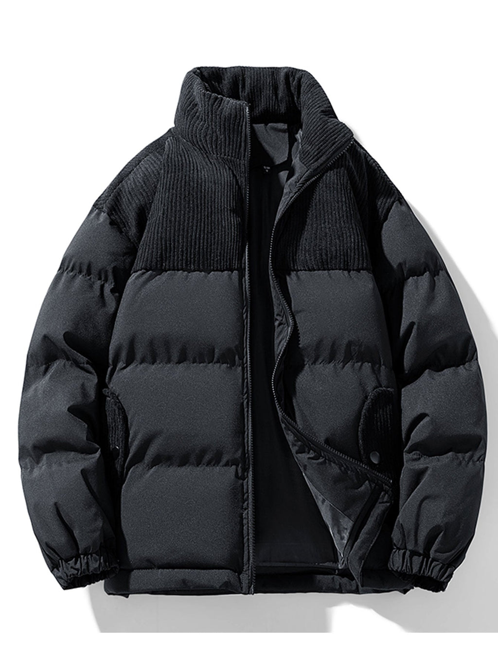 Men's Corduroy Panelled Puffer Jacket with High Collar – Warm Relaxed Fit Winter Outerwear