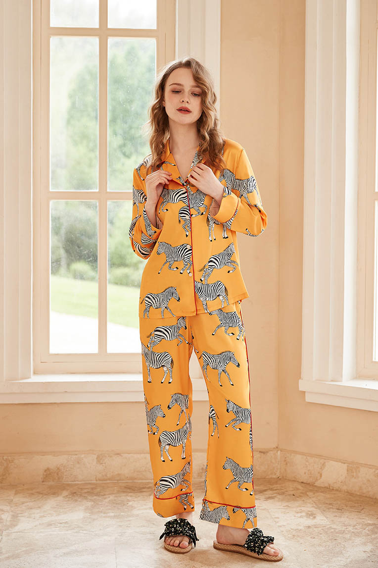 Coordinated Zebra Print Long Sleeve Loungewear Set Yellow