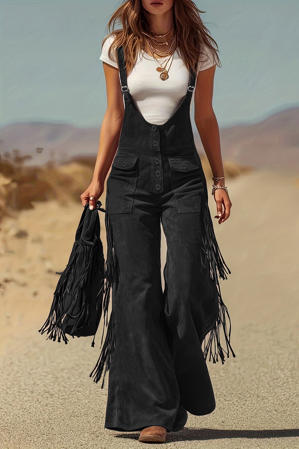 Modern Boho Fringe Micro-Suede Overalls