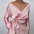 Women's Elegant Satin-Look Wrap Blouse – Off-Shoulder V-Neck Top with Decorative Waist Brooch for Evening and Formal Occasions