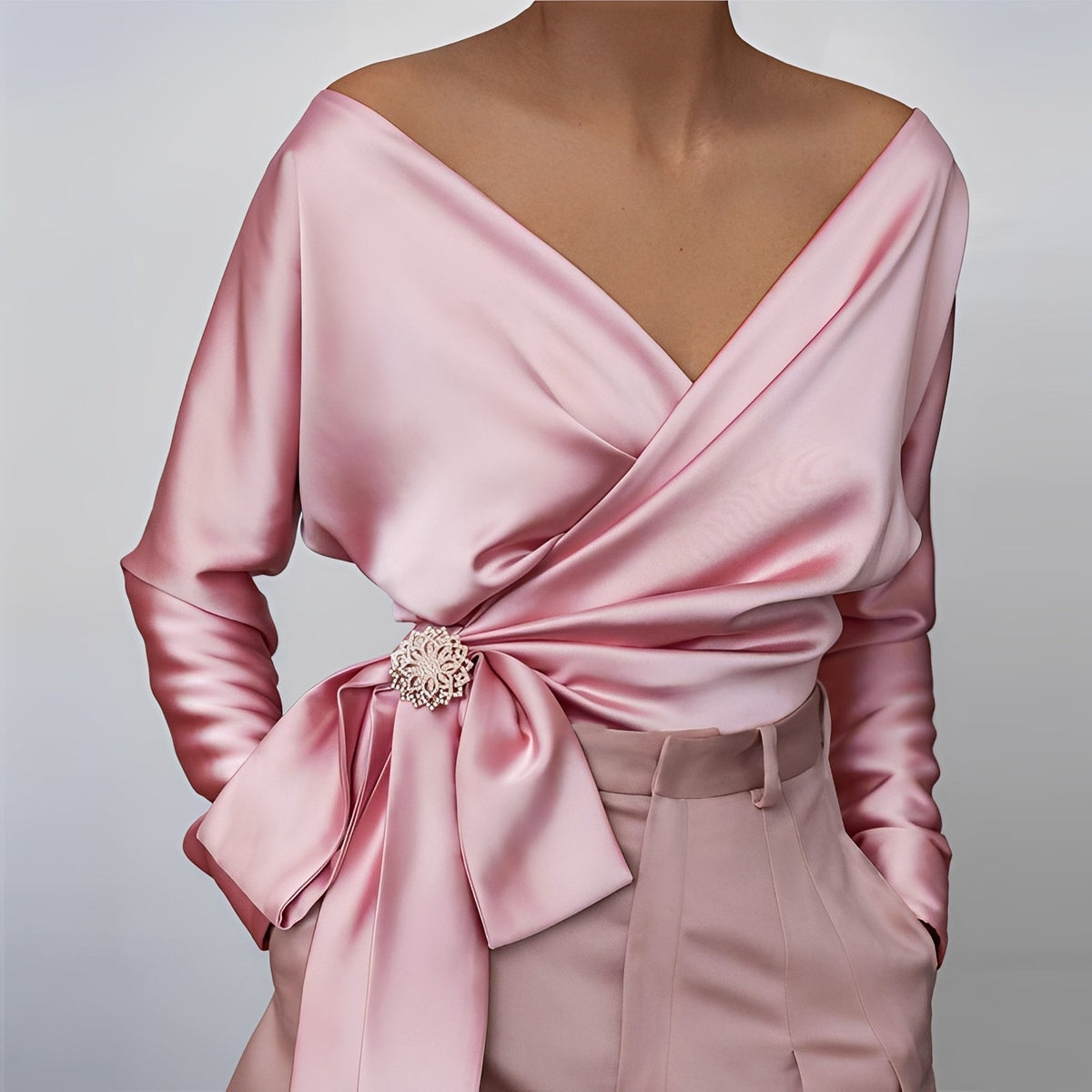Women's Elegant Satin-Look Wrap Blouse – Off-Shoulder V-Neck Top with Decorative Waist Brooch for Evening and Formal Occasions