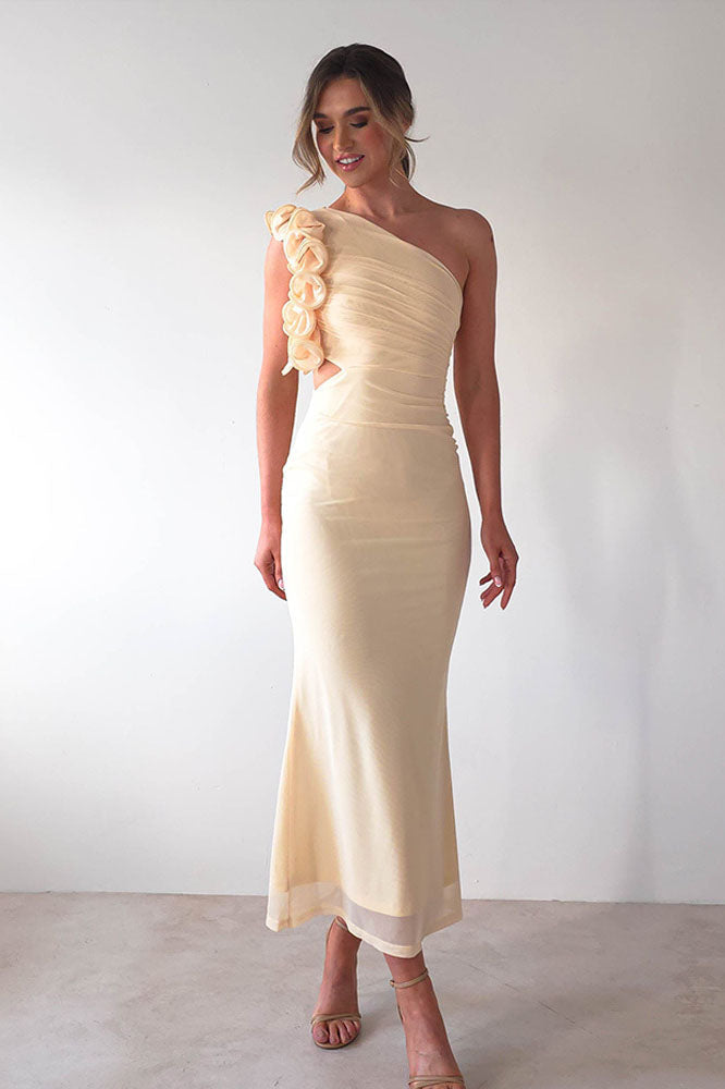 Statement Flower One-Shoulder Fitted Midi-Length Dress