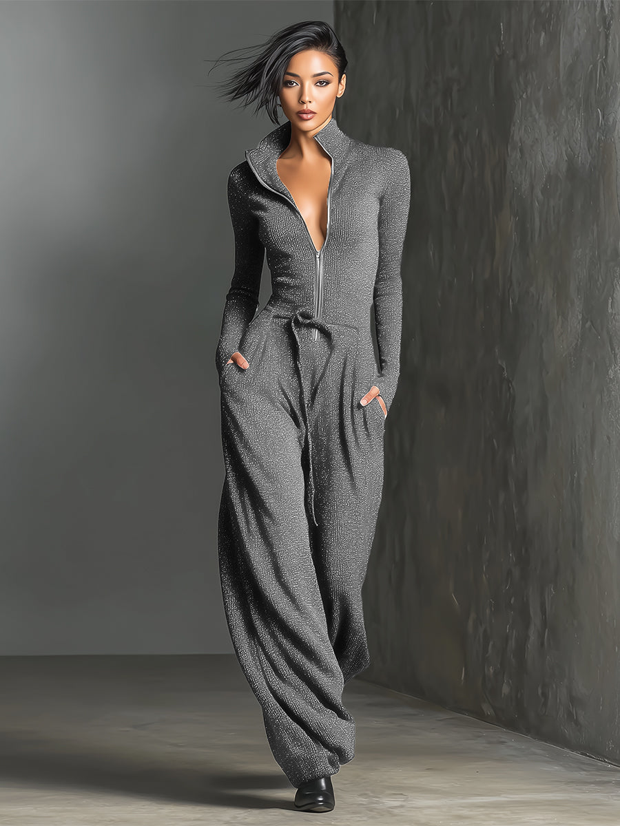 Women's Zip-Front Wide-Leg Jumpsuit with High Collar and Tie Waist – Elegant Long-Sleeve Style for Evening and Occasion Wear