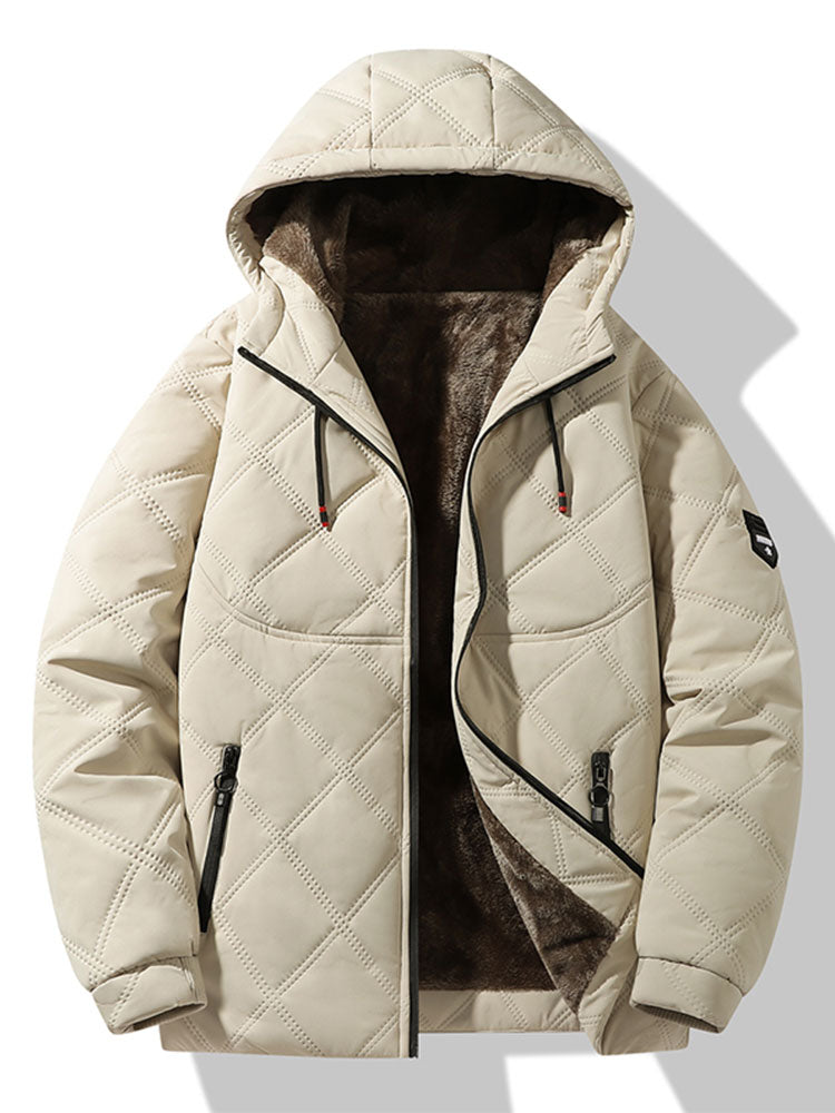 Men's Faux Fur-Lined Quilted Winter Jacket – Warm Hooded Zip-Up Coat with Pockets for Cold Weather and Outdoor Wear