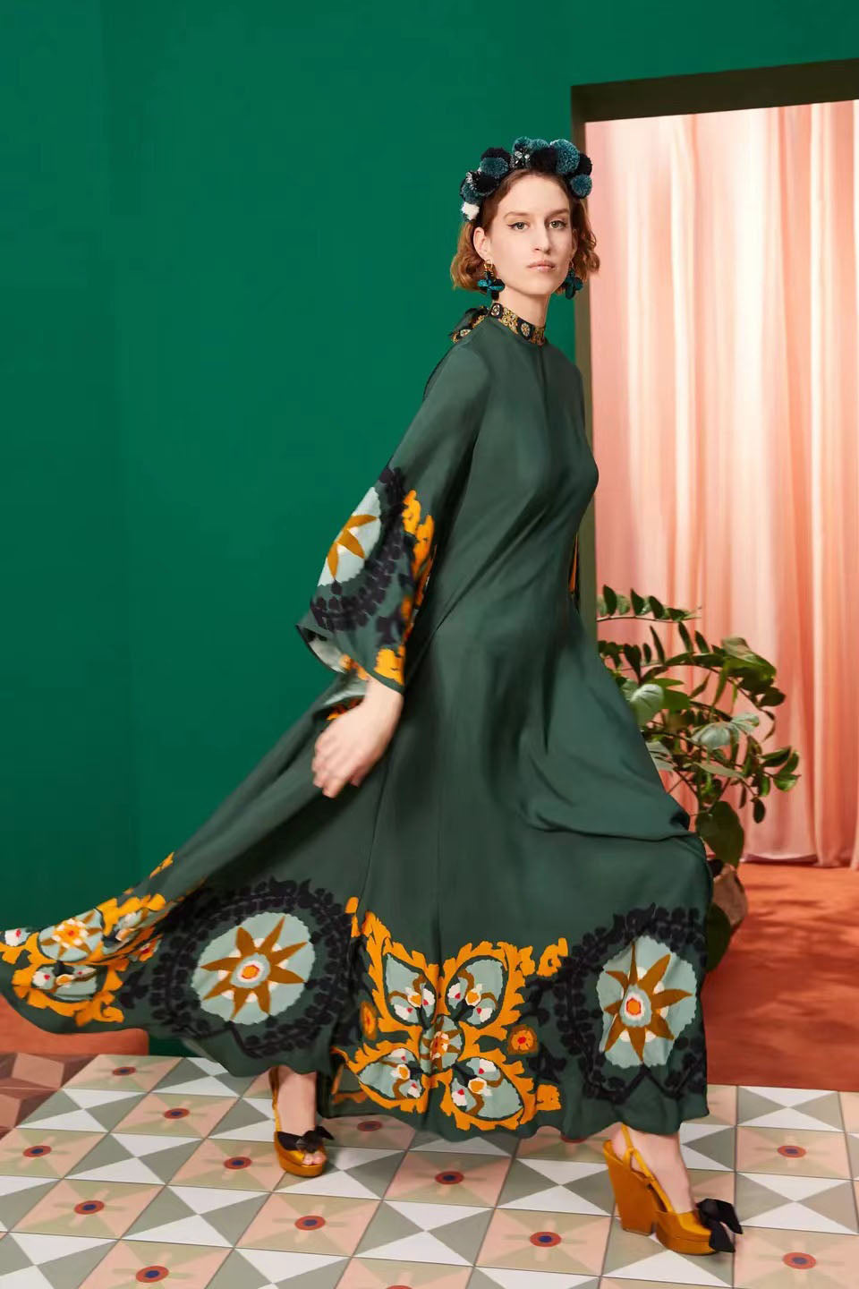 Magnificent Patterned Maxi-Length Dress - Green