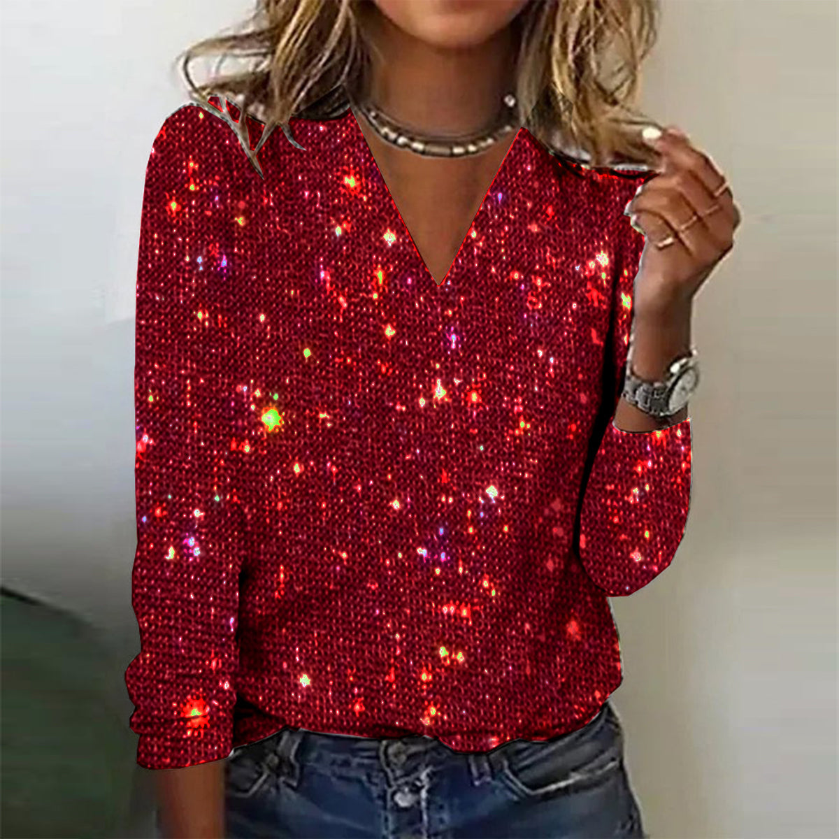 Shimmering Long Sleeve Blouse with V-Neck