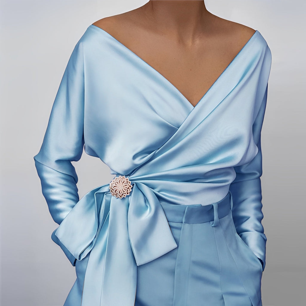 Women's Elegant Satin-Look Wrap Blouse – Off-Shoulder V-Neck Top with Decorative Waist Brooch for Evening and Formal Occasions