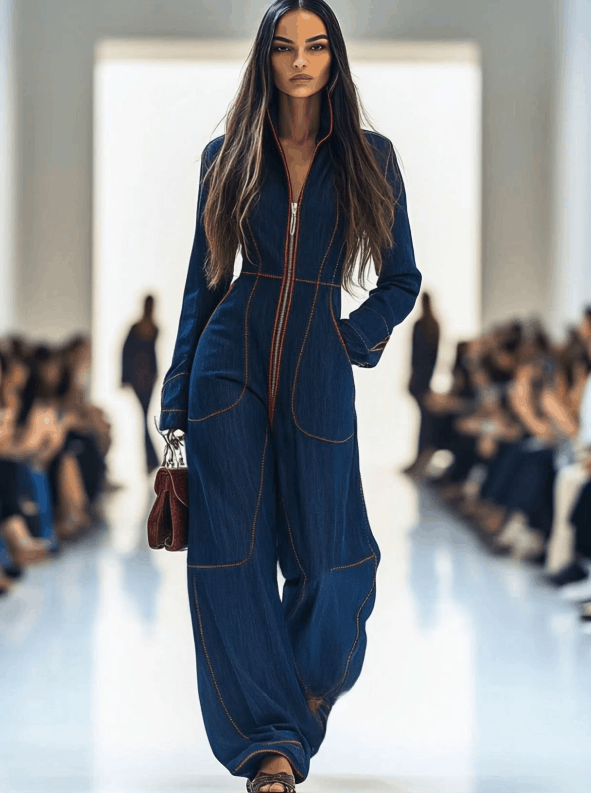 Relaxed Loose Retro Dark Blue Red-Topstitched Denim Wide-Leg Long Sleeve Jumpsuit