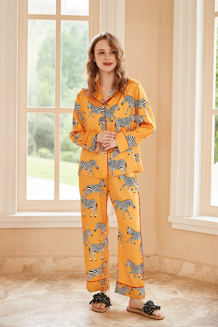 Coordinated Zebra Print Long Sleeve Loungewear Set Yellow