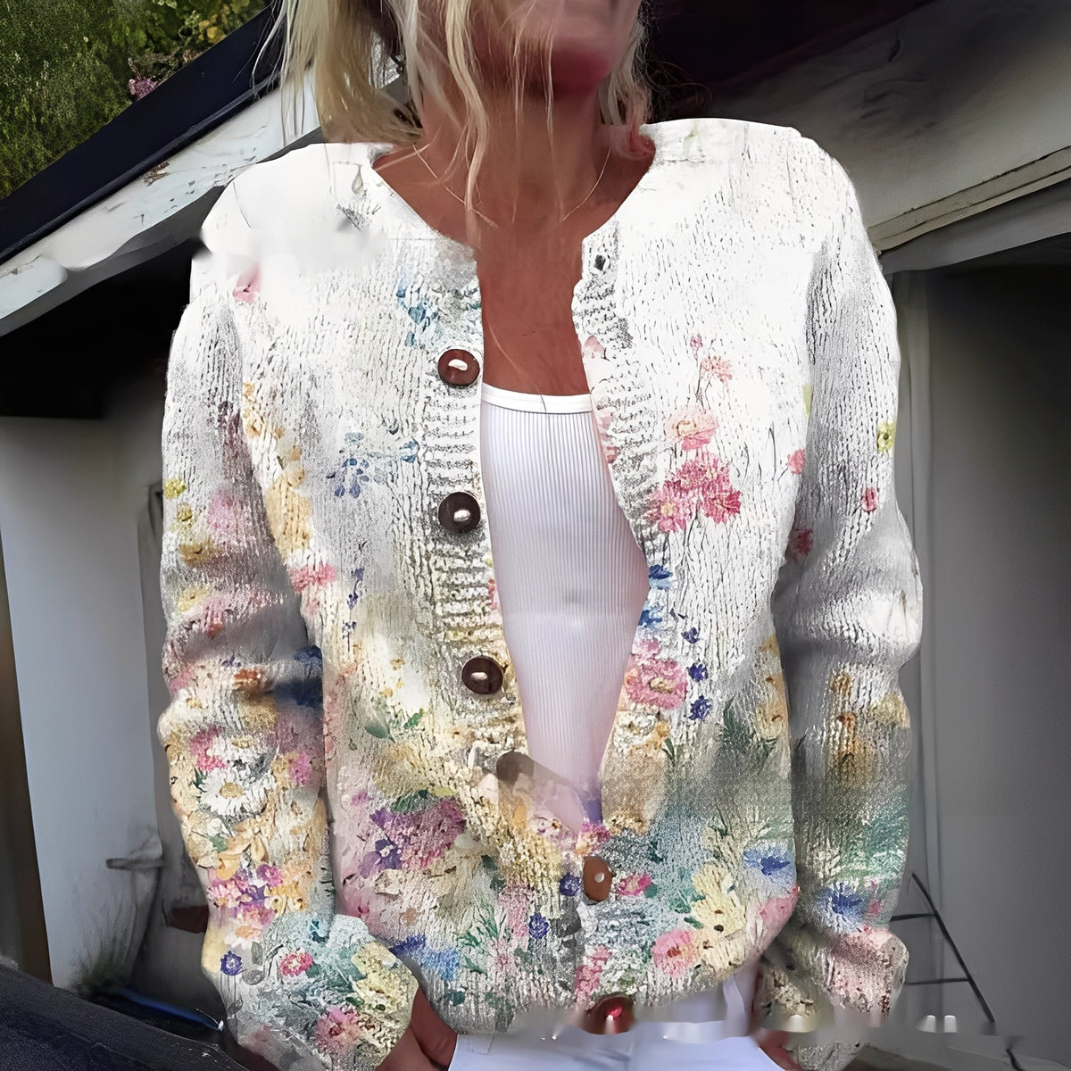 Women’s Soft Textured Printed Button Front Cardigan – Cosy Relaxed Knit Layer for Autumn and Winter