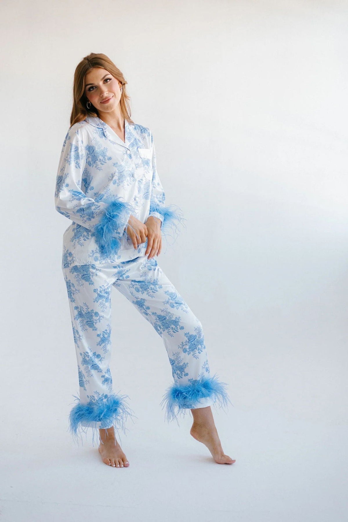 Blue Flower Print Satin Pajama Set