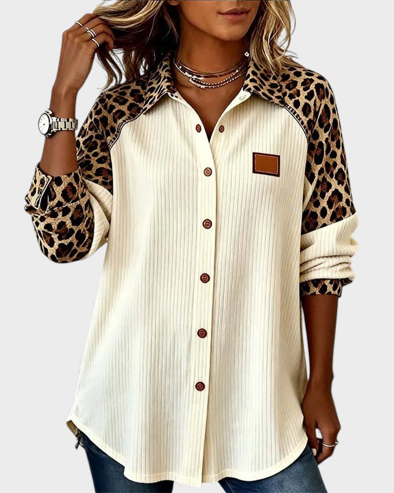 Women's Casual Ribbed Button-Up Shirt with Printed Sleeves and Collar – Relaxed Long Sleeve Top for Autumn and Everyday Wear
