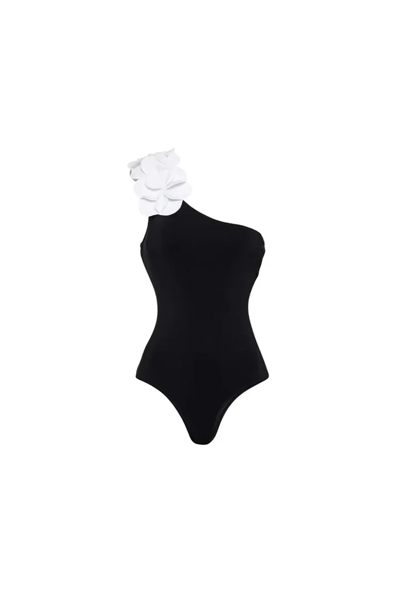 3D Flower One-Shoulder Black Swimsuit