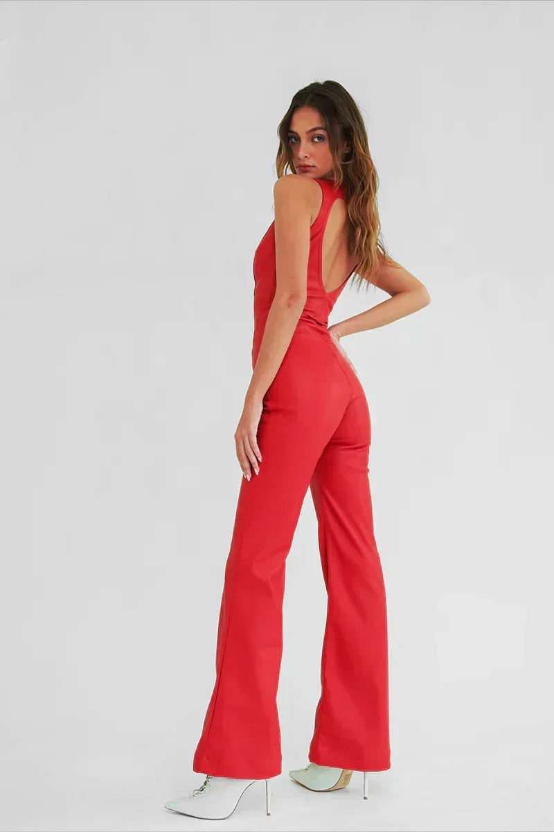 Women's Corset-Style Denim Jumpsuit with Heart-Shaped Back Cutout – Sleeveless Flared-Leg Style for Casual Wear