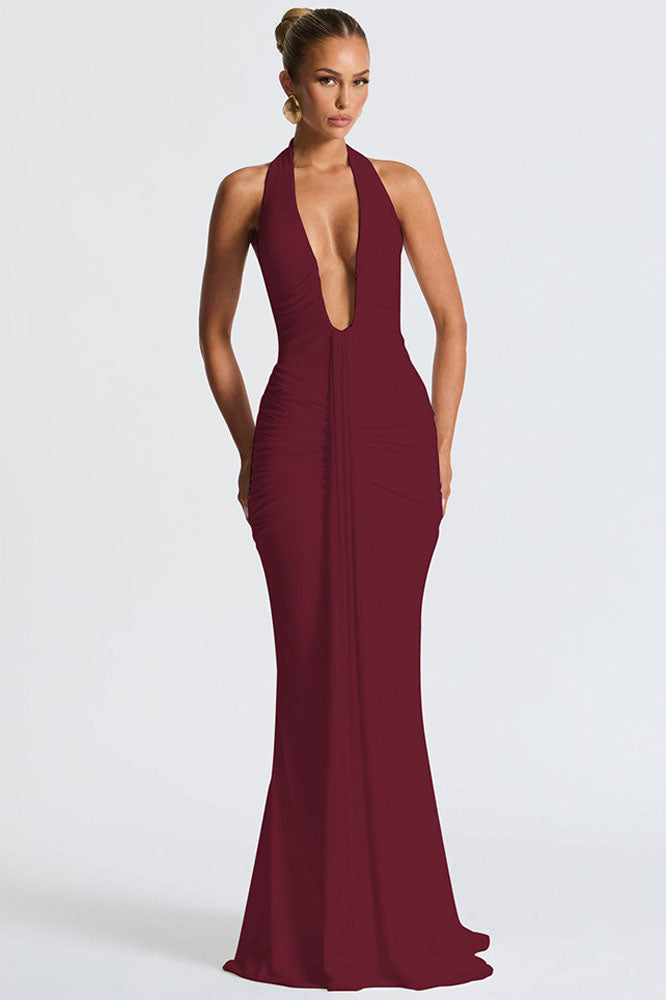 Halter Deep V Mermaid Maxi-Length Dress