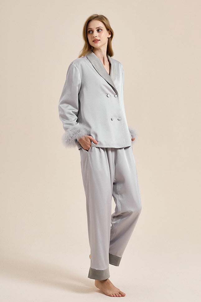 Coordinated Feather Trim Red Pajama Set