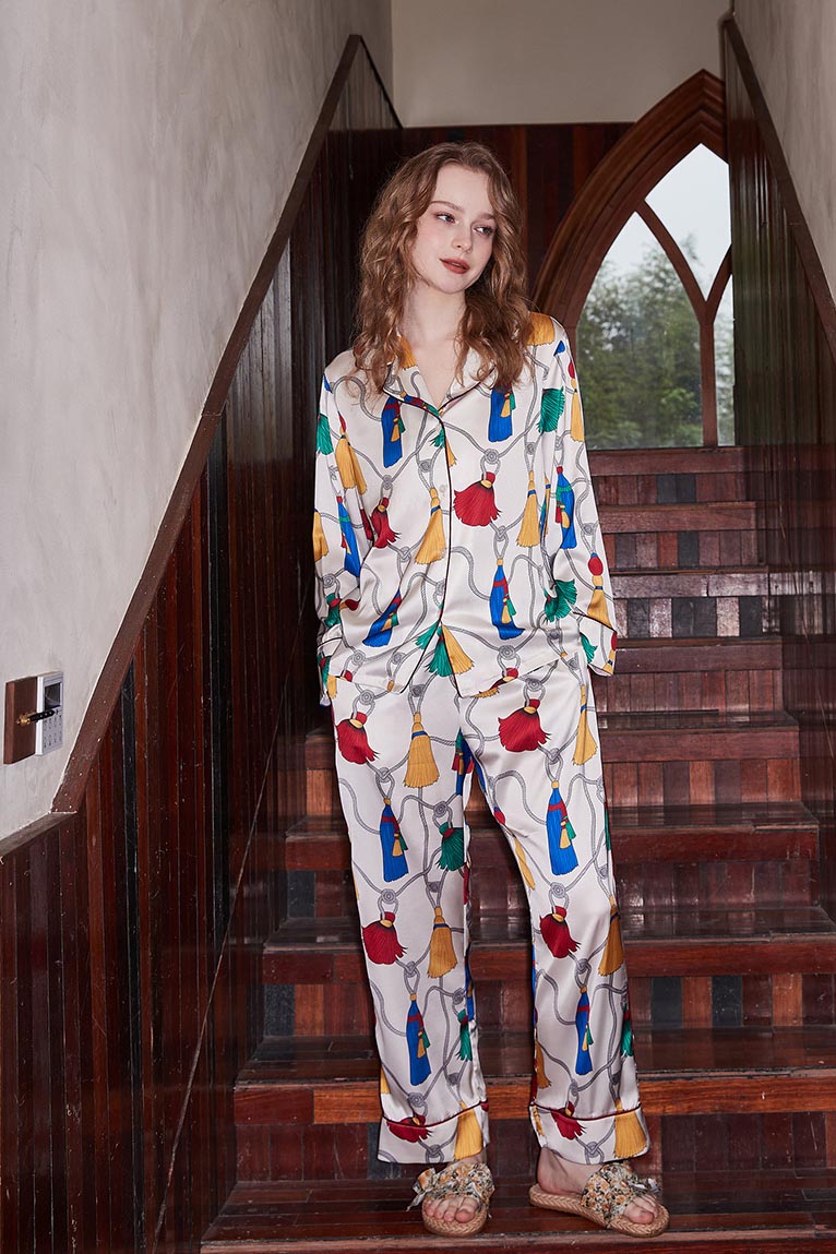 Coordinated Fringed Pattern Ice Silk Long Sleeve Loungewear Set