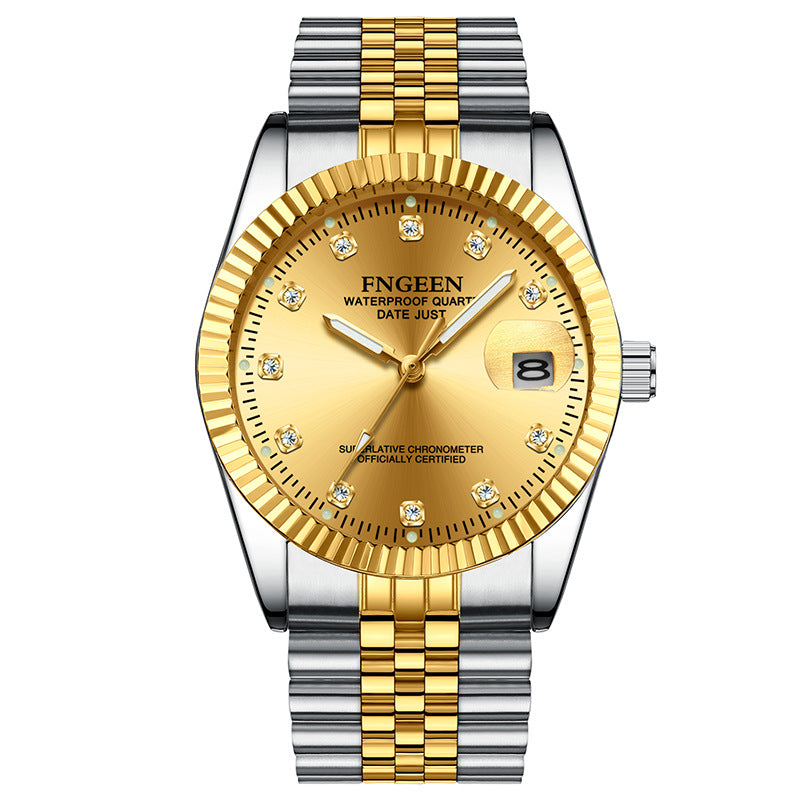 Men's Stainless Steel Watch with Gold Fluted Bezel, Date Window and Classic Crystal-Marker Dial