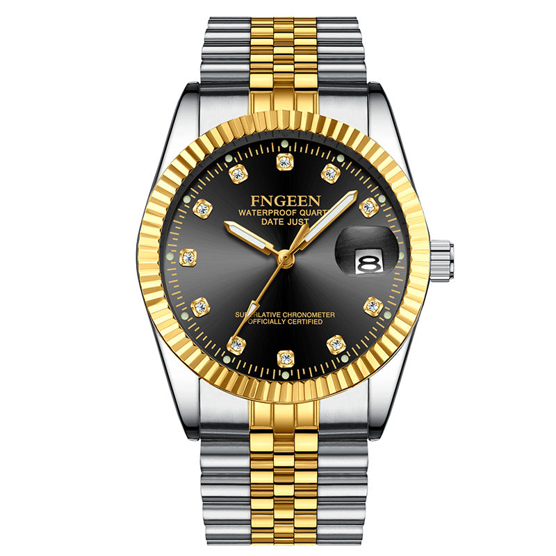 Men's Stainless Steel Watch with Gold Fluted Bezel, Date Window and Classic Crystal-Marker Dial