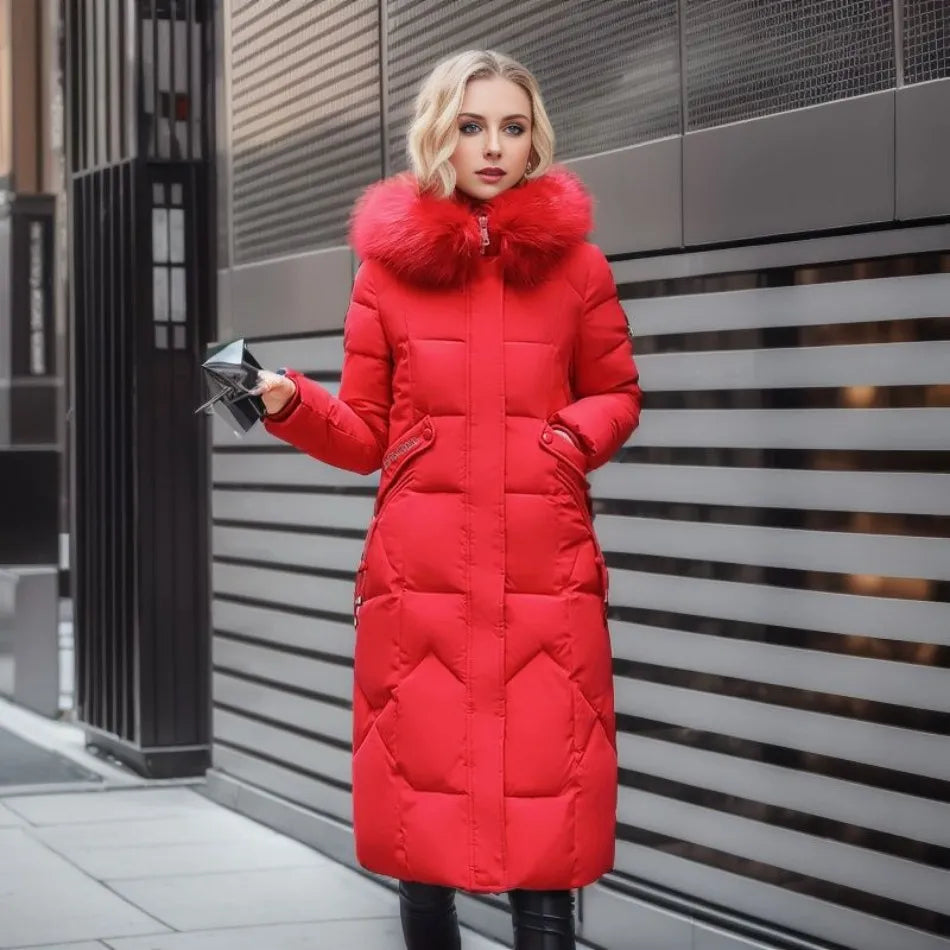 Women's Longline Quilted Puffer Winter Coat with Oversized Fur-Trimmed Hood and Adjustable Waist – Warm Padded Maxi Jacket for Elegant Casual Cold Weather Outfits and Everyday Winter Layering