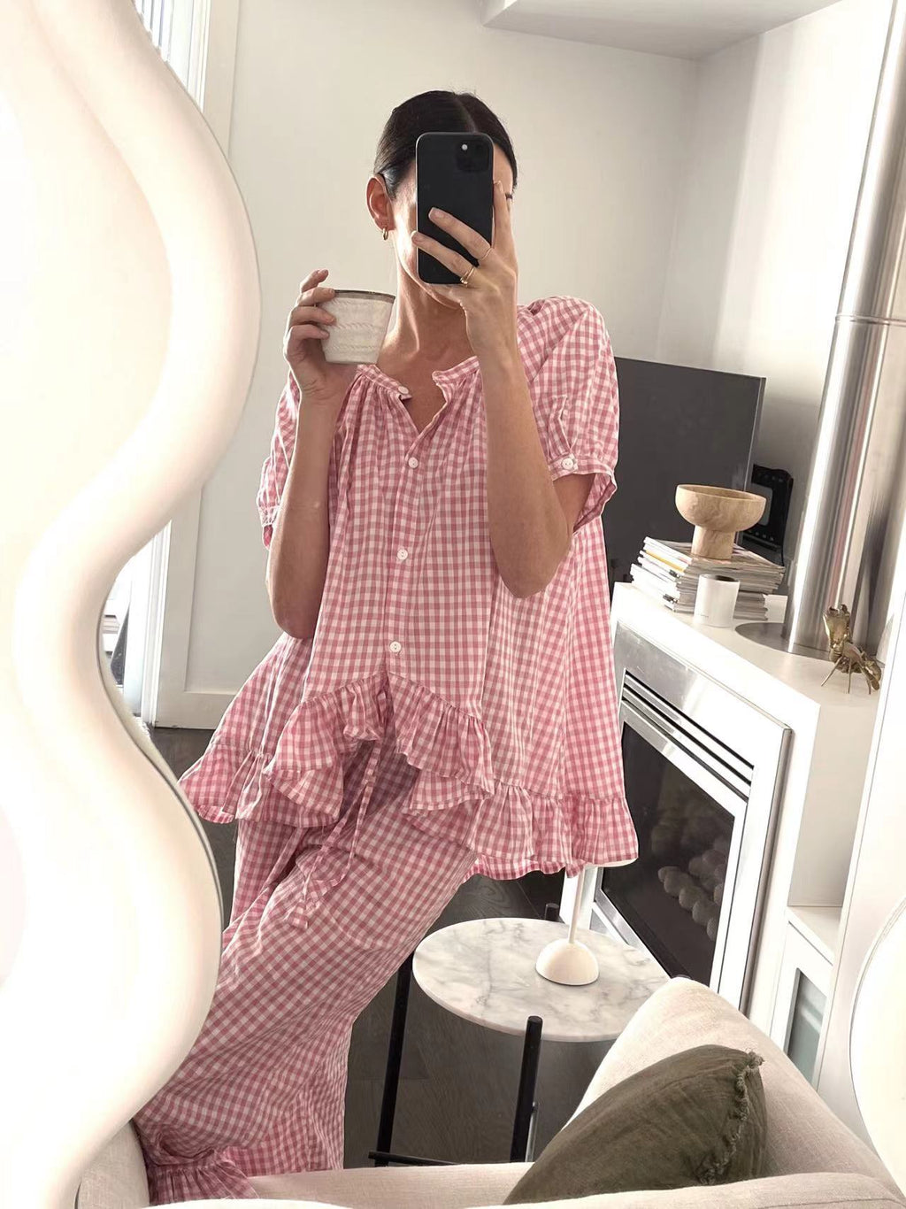 Relaxed Ruffled Plaid Print Shirt Pajama Set