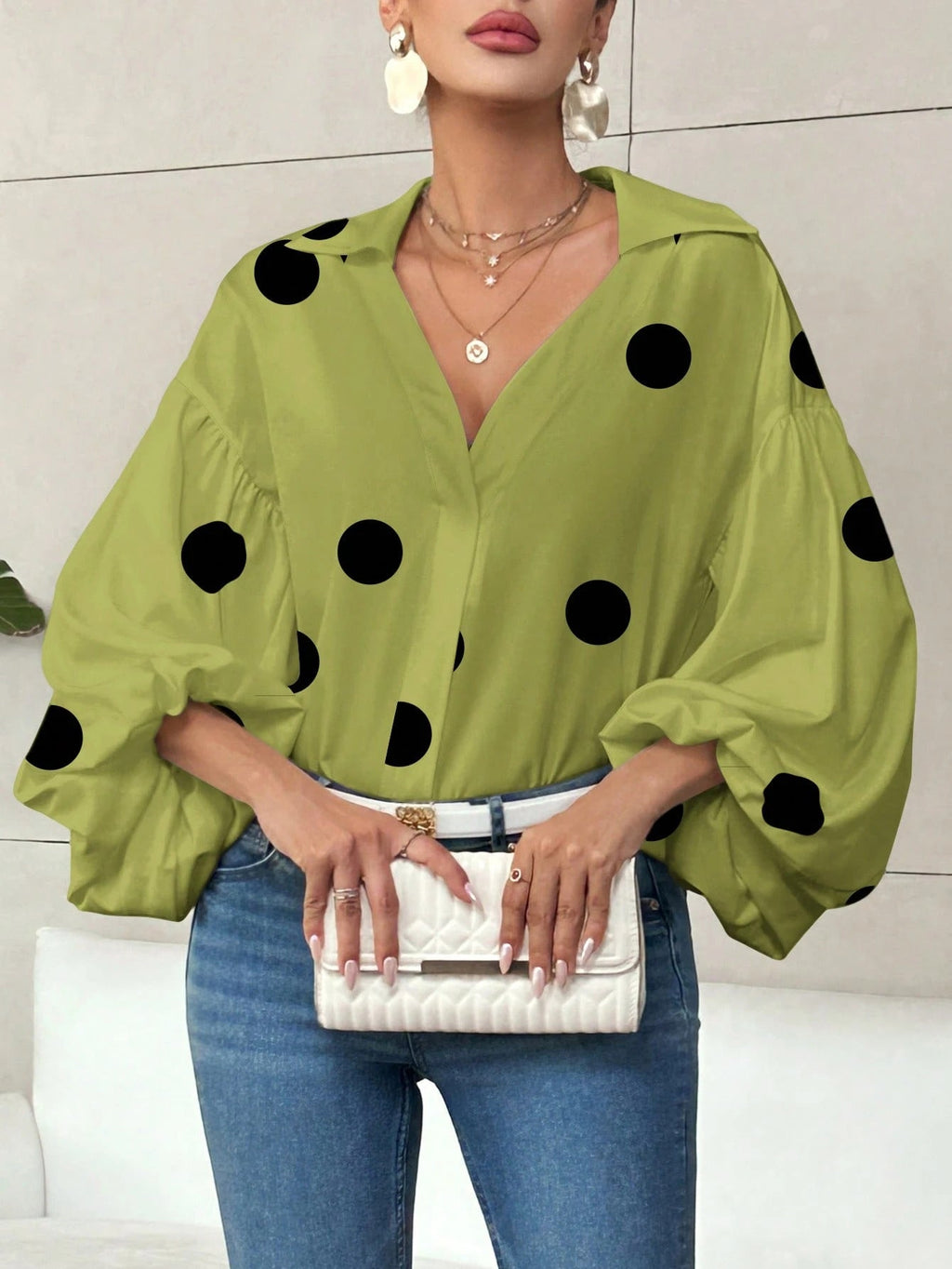 Women's Elegant Printed V Neck Blouse with Balloon Sleeves – Relaxed Lightweight Style for Office and Smart Casual Wear