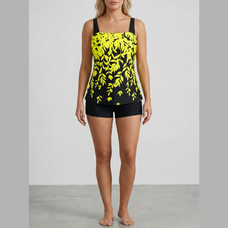 Women's Printed Two-Piece Tankini Swimsuit Set – Wide Strap Square Neck Swim Top and Boyshort Bottoms for Beach and Pool Wear
