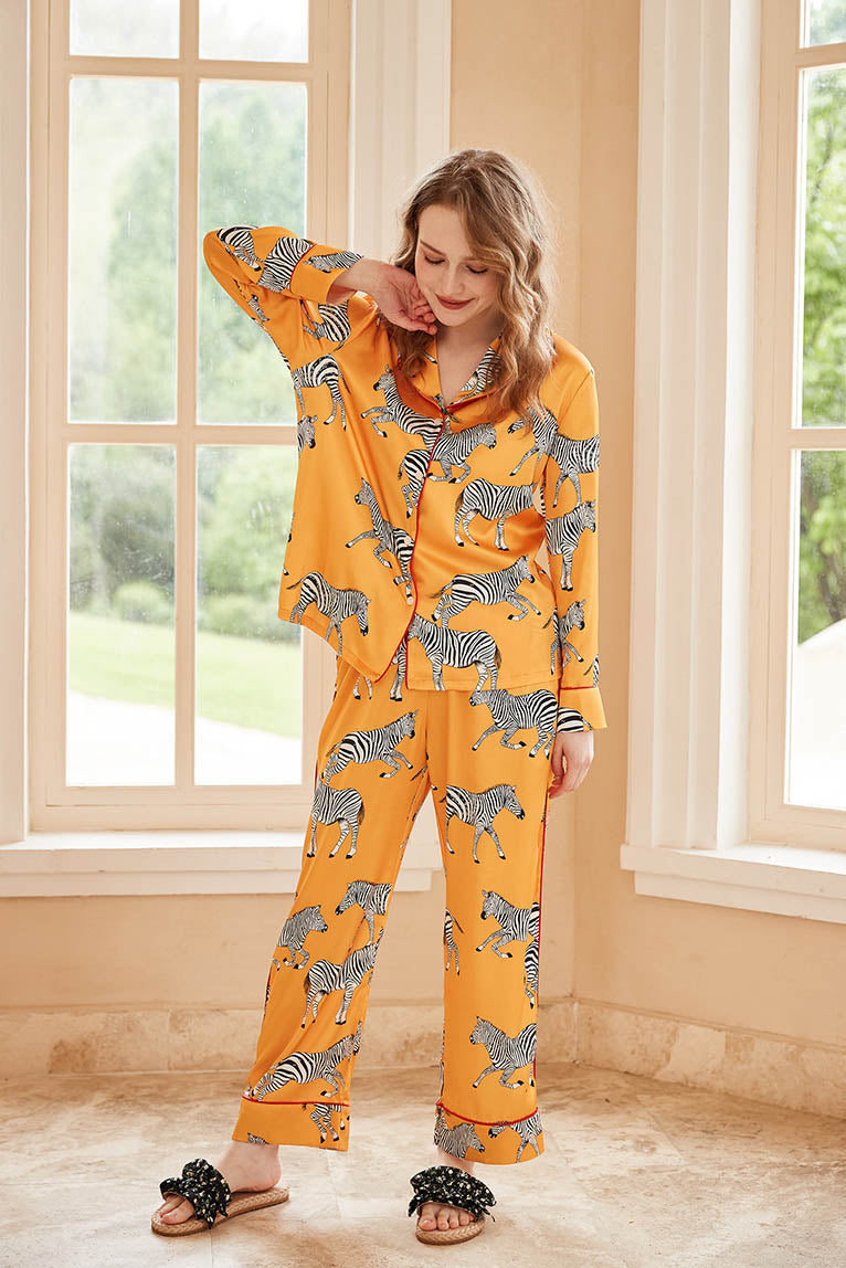 Coordinated Zebra Print Long Sleeve Loungewear Set Yellow