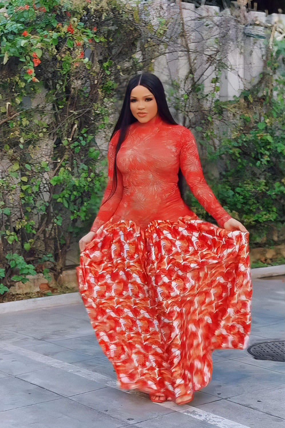 Vibrant Red Sheer Flower Maxi-Length Dress