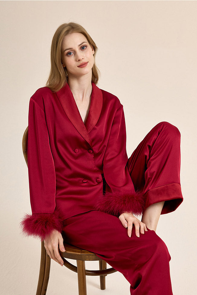 Coordinated Feather Trim Red Pajama Set