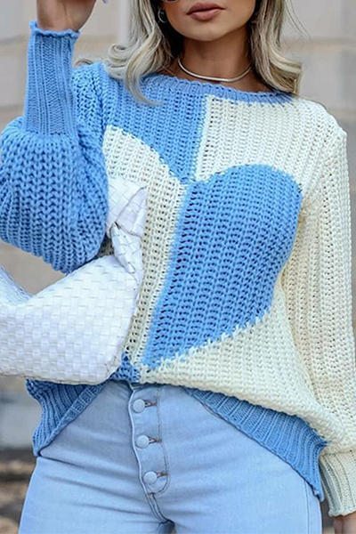 Relaxed Patchwork Contrast Crew Neck Tops Knit Sweater