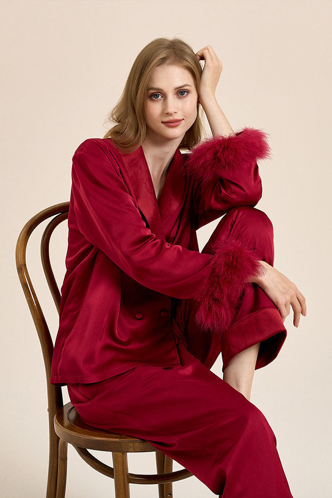 Coordinated Feather Trim Red Pajama Set