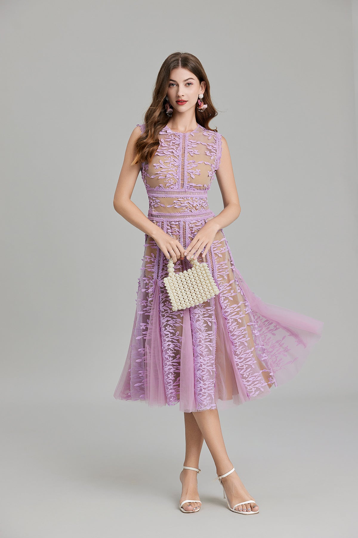 Maelle Crew Neck Mesh Embroidered Midi-Length Dress In Beige