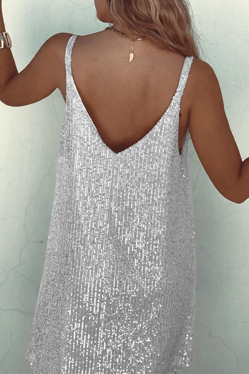 Shiny Short Dress with V-Neck