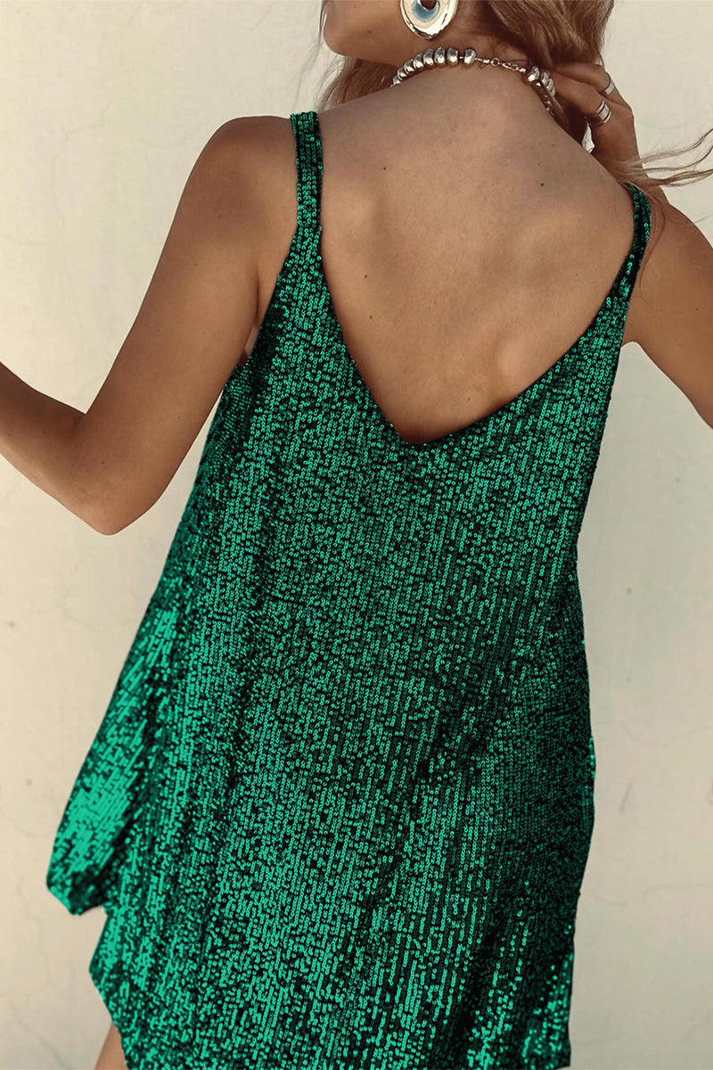 Shiny Short Dress with V-Neck