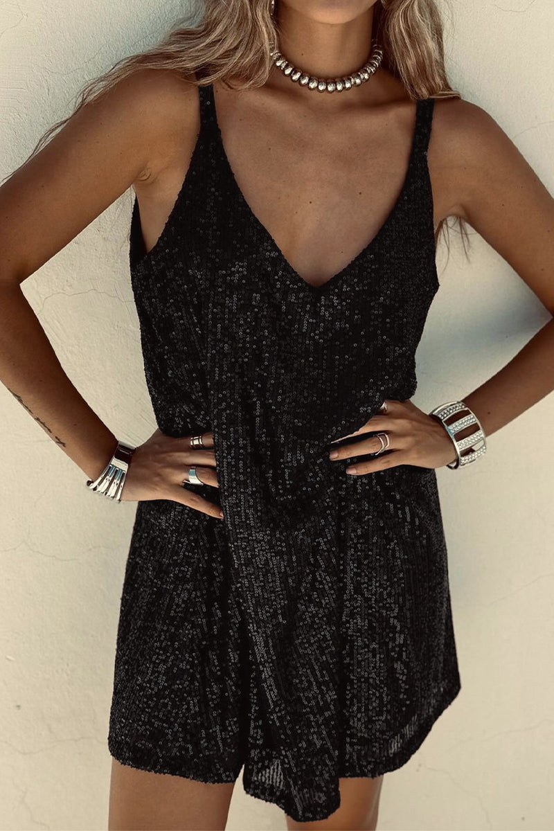 Shiny Short Dress with V-Neck