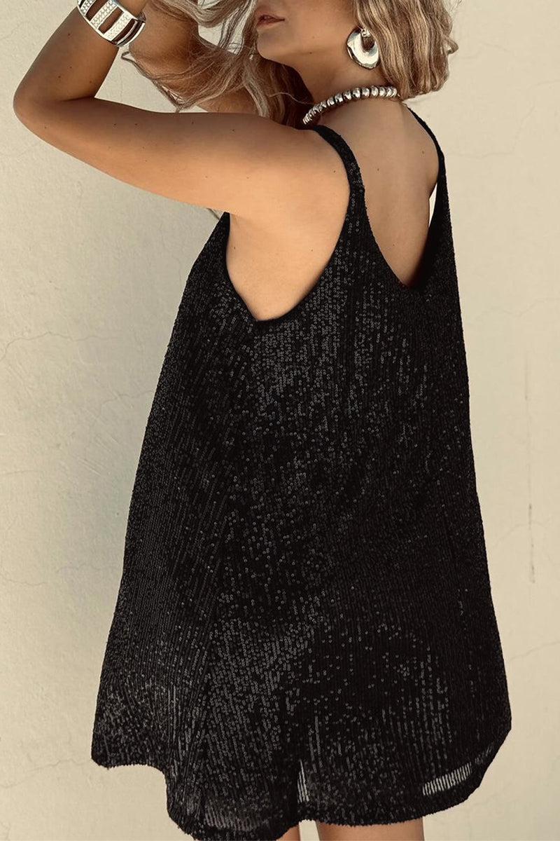 Shiny Short Dress with V-Neck