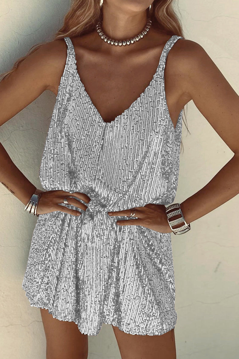 Shiny Short Dress with V-Neck