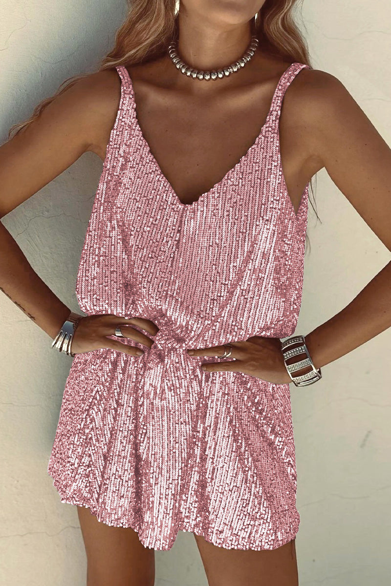 Shiny Short Dress with V-Neck