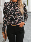 Women’s Printed Ruffle-Neck Blouse with Puff Shoulders – Long-Sleeved Vintage-Inspired Style for Work and Everyday Wear