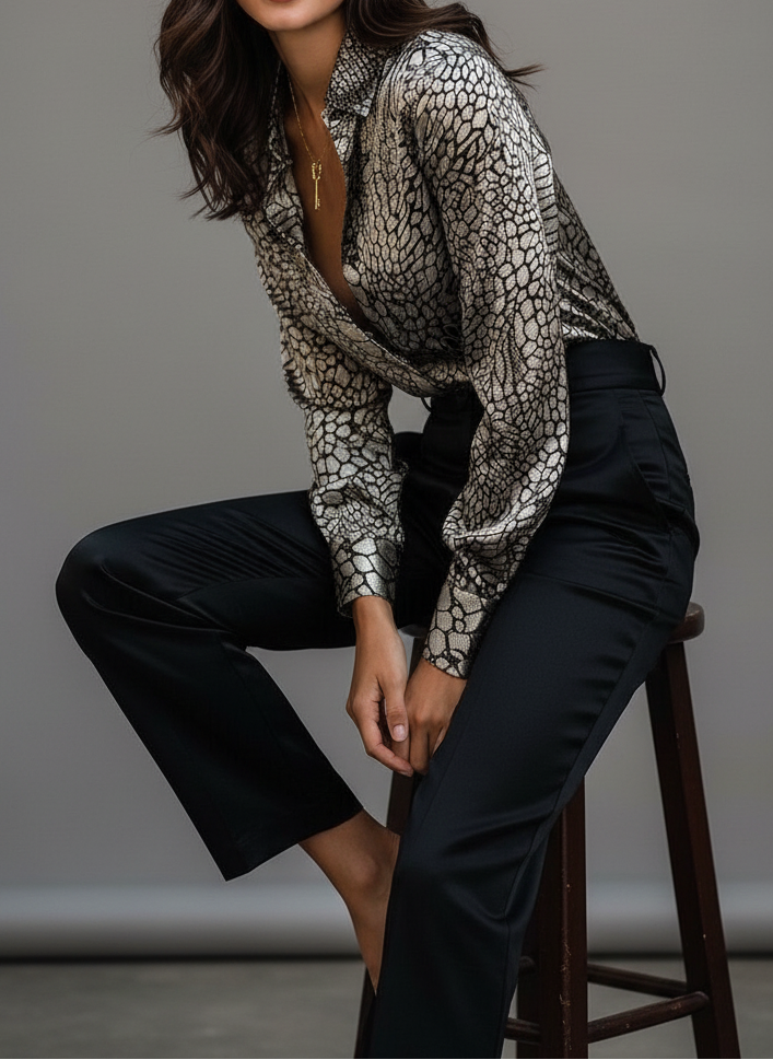 Women's Elegant Printed Button-Up Blouse – Long Sleeve Collared Shirt with Smooth Satin-Look Finish for Office and Evening Wear