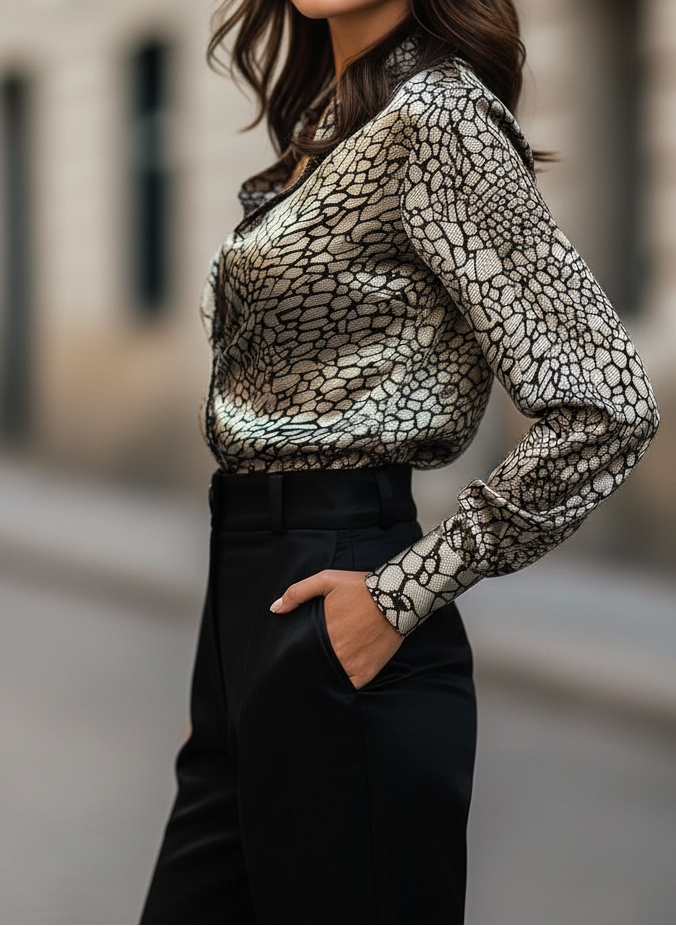 Women's Elegant Printed Button-Up Blouse – Long Sleeve Collared Shirt with Smooth Satin-Look Finish for Office and Evening Wear