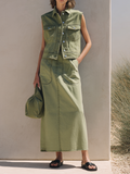 Women's Washed Denim Two-Piece Maxi Skirt Set – Sleeveless Button Front Utility Vest and Long Pocket Detail Skirt for Casual Everyday Wear