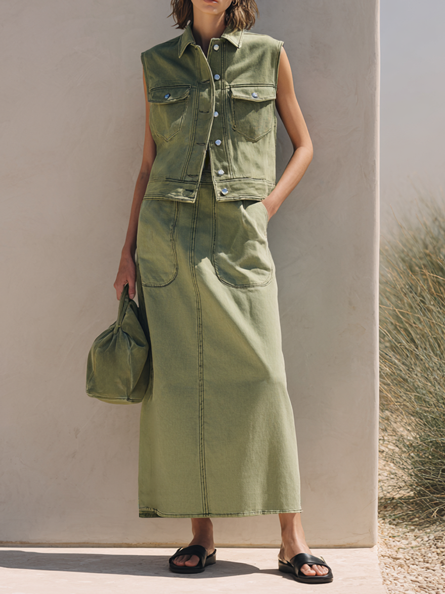 Women's Washed Denim Two-Piece Maxi Skirt Set – Sleeveless Button Front Utility Vest and Long Pocket Detail Skirt for Casual Everyday Wear