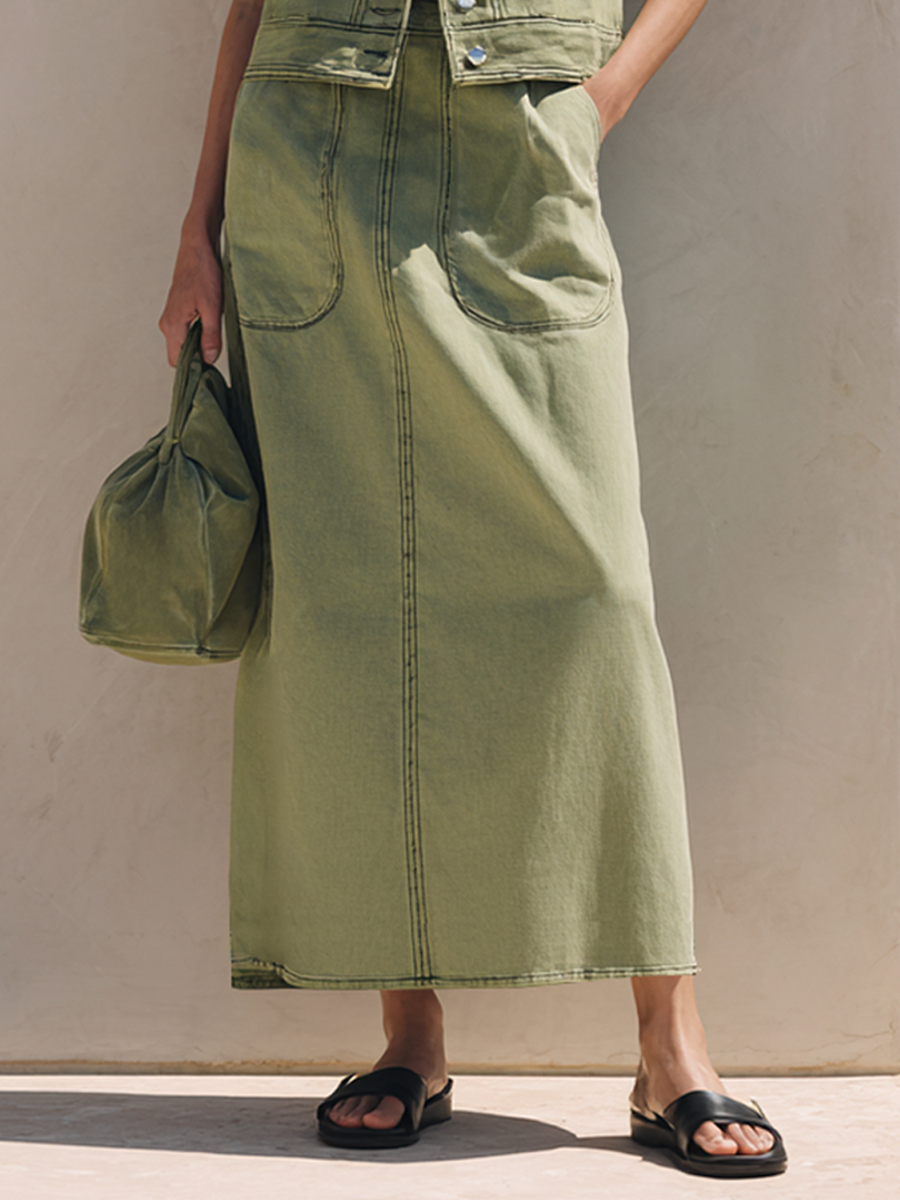 Women's Washed Denim Two-Piece Maxi Skirt Set – Sleeveless Button Front Utility Vest and Long Pocket Detail Skirt for Casual Everyday Wear