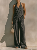 Women’s Cross Front Halter Top and Wide Leg Linen Trouser Set – Elegant Two-Piece Summer Outfit for Holidays and Smart Casual Wear