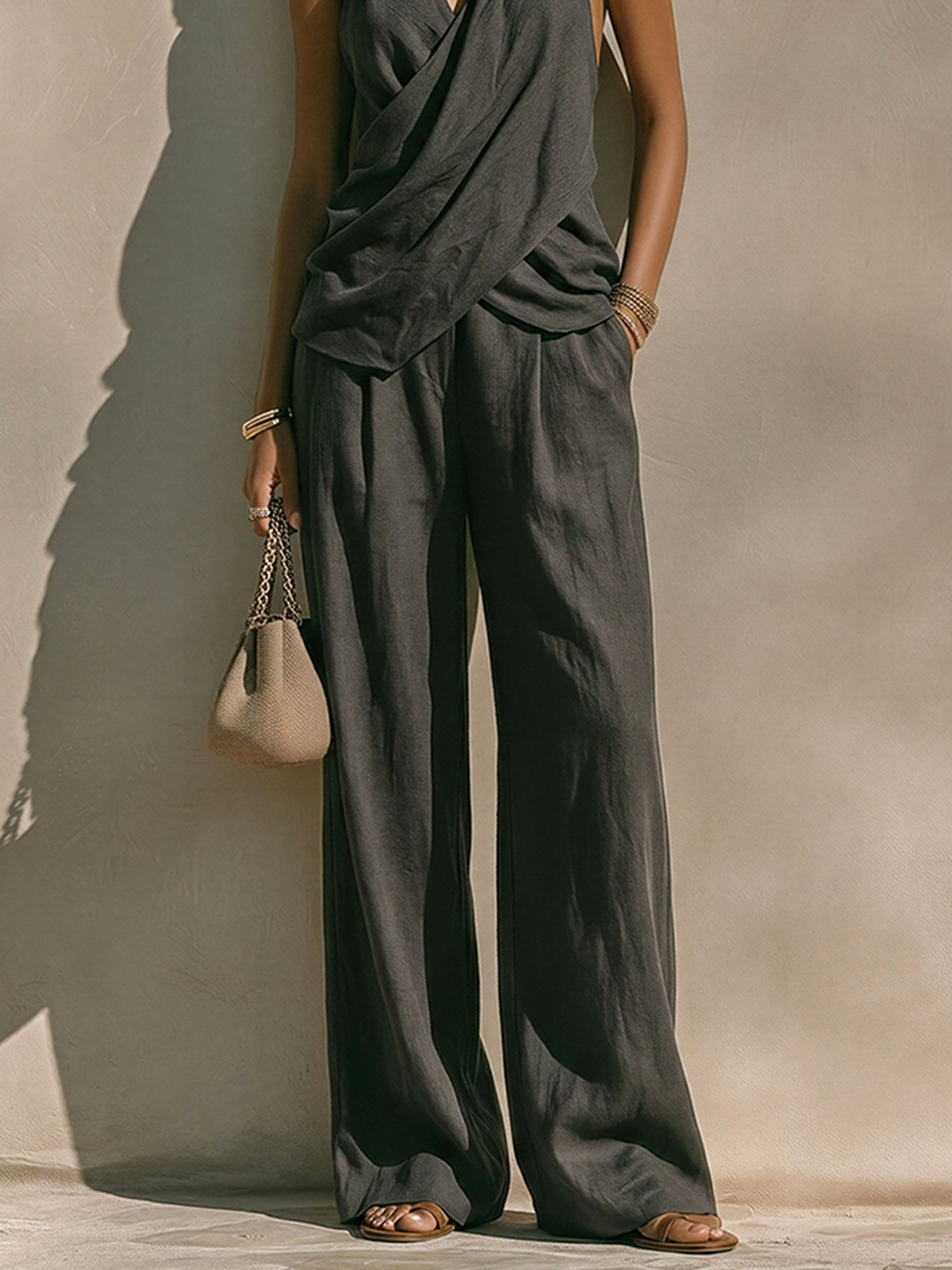 Women’s Cross Front Halter Top and Wide Leg Linen Trouser Set – Elegant Two-Piece Summer Outfit for Holidays and Smart Casual Wear