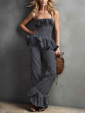 Women's Printed Two-Piece Summer Trouser Set – Fitted Strappy Peplum Top and Ruffle Hem Flared Trousers for Elegant Holiday and Evening Wear