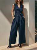 Women's Linen Blend Wide-Leg Jumpsuit with Tie Waist – Elegant Sleeveless V-Neck Style for Summer
