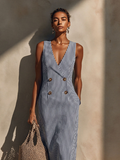 Blue-White Striped Maxi Cotton Dress for Women with Blazer Style and Double-Breasted Design, Timeless Casual Nautical Dress